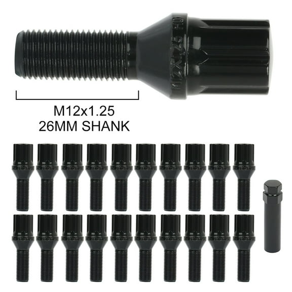 SCITOO Wheel Lug Bolt 12x1.25 20 Pieces Black Shank Length 28mm with 1 Key Compatible with Fiat 500X for Cherokee for Renegade