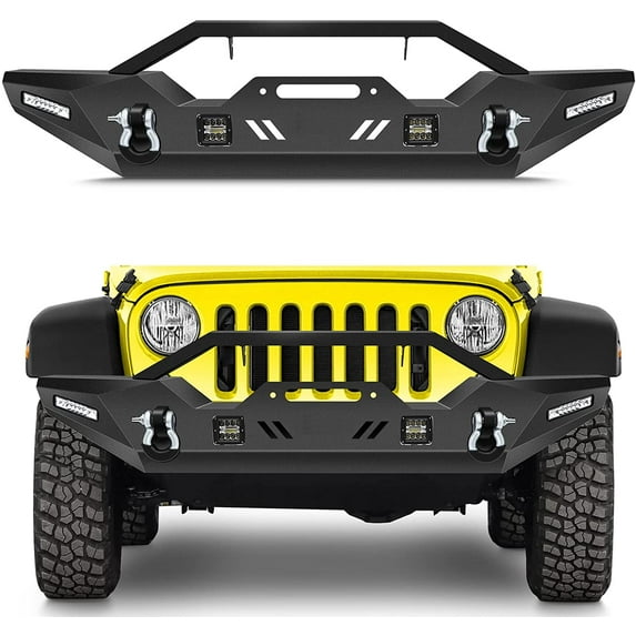 SCITOO Front Bumper Replacement for 2007-2018 for Jeep Wrangler JK with D-ring and Winch Plate With LED Lights Texture Black