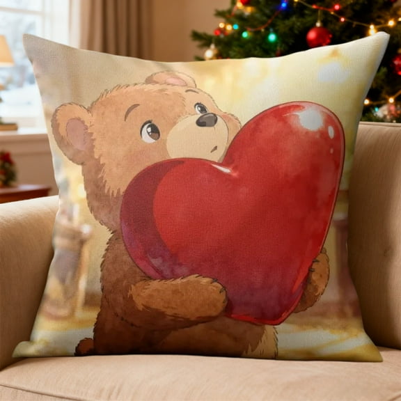 SCN 18x18 Inch Short Plush Pillow Cover - Cute Bear Red Heart Design, Soft Skin-Friendly Multicolor Throw Pillow Case for Christmas Holiday Home Decor & Housewarming Gift