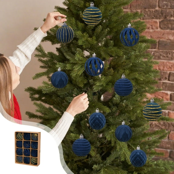 SCNOR 12 Piece Flocked Christmas Balls - Blue Christmas Ornaments Set, Christmas Tree Decorations for Party, Easy to Hang