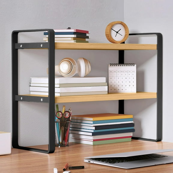 SCNOR 2-Tier Desktop Organizer Wood & Metal Desk Shelf - Sturdy H-Shaped Frame with Raised Guardrails, Space-Saving Storage for Dorm Home Office Books Stationery Electronics