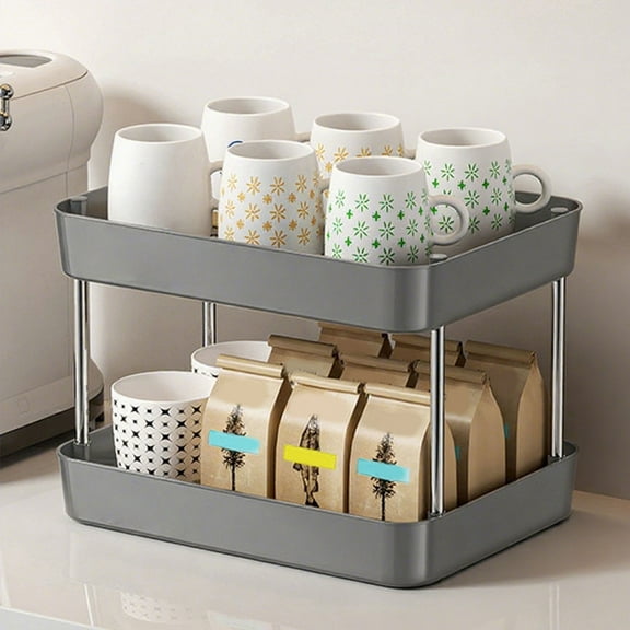 SCNOR 2-Tier Mug Rack for Countertop - Detachable Draining Tray, Anti-Slip Guardrails, BPA-Free Durable Plastic Gray, Multi-Purpose Organizer for Kitchen Bathroom Dining