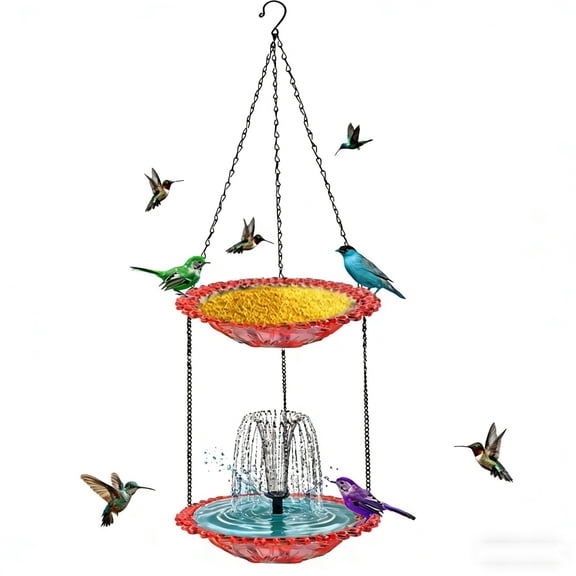 SCNOR 2-in-1 Hanging Solar Bird Feeder with Water Fountain, Dual Tier Outdoor Wild Bird Bath & Seed Tray, Eco-Friendly Solar Powered Circulating Waterer, Decorative Pink