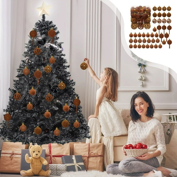 SCNOR 42 Piece Flocked Christmas Balls, Brown Xmas Tree Decorations with Multiple Styles, Easy to Hang Holiday Party Ornaments