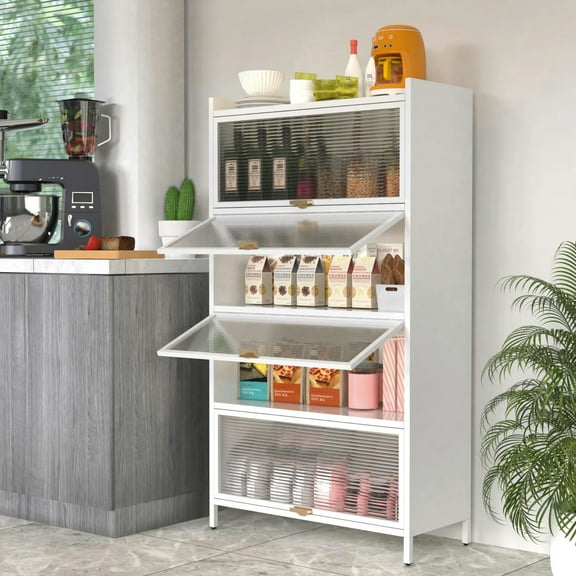 SCNOR 5 Tier Metal Storage Cabinet with Flip Doors, Heavy Duty Free Standing Organizer for Kitchen/Bathroom/Closet, Easy Assemble White Cabinet with Hooks