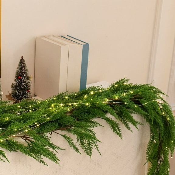 SCNOR 6ft Pre-lit Green Rattan Garland, Flexible Plastic with Warm Light, Indoor Decor for Christmas, Weddings & Everyday Use