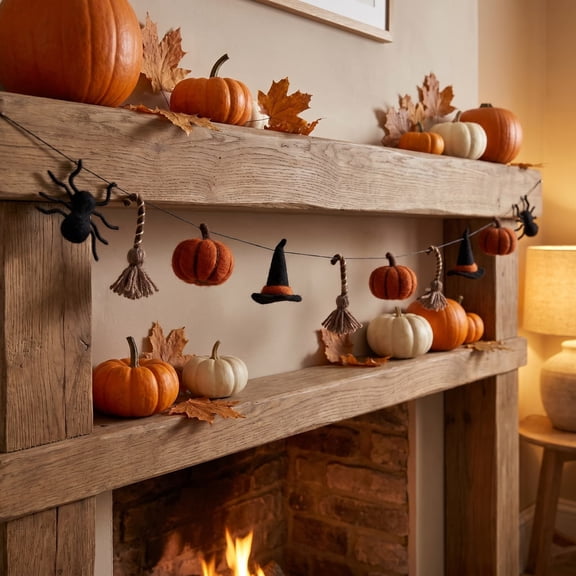 SCNOR 72 Inch Halloween Felt Garland with Ghost Pumpkin Witch Hat Spider Broom, Hanging Decor for Fireplace Mantel Wall