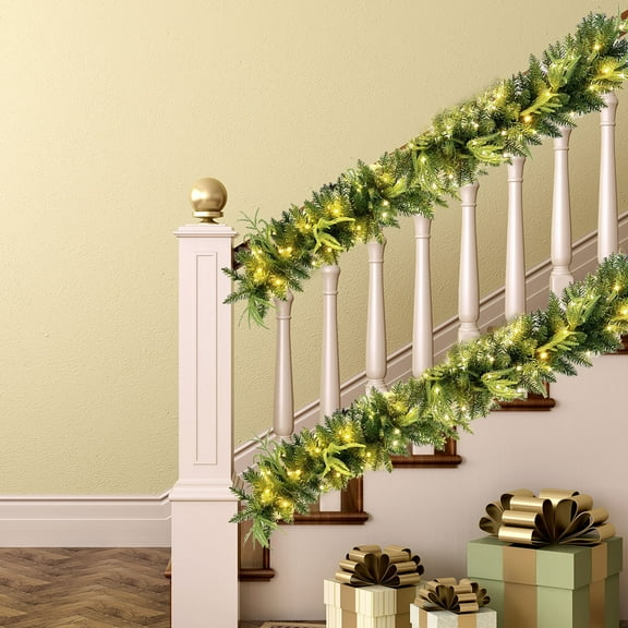 SCNOR Artificial Christmas Garland with LED Lights, 8.8ft/2.7m Pine Needle, Battery Operated with Timer, PVC Flexible for Indoor/Outdoor Mantel, Porch, Christmas Decor