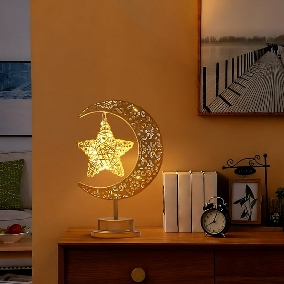 SCNOR Battery-Powered Rattan Star Cage Lamp, Golden Moon & Star Warm LED, Bohemian Ramadan Eid Home Decor for Bedroom Dining Table – Giftable
