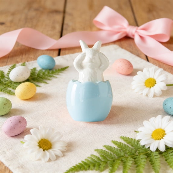 SCNOR Blue Ceramic Easter Bunny Figurine Hand-Painted Easter Decor, Spring Table Centerpiece Ornament Gift for Home Mantel Shelf Decorations