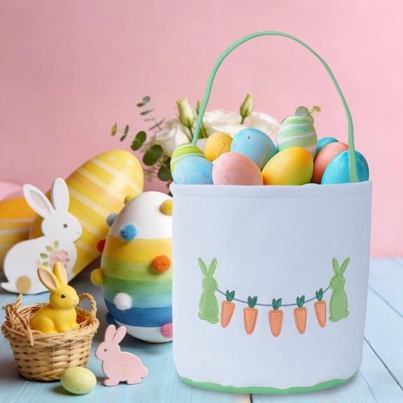 SCNOR Canvas Easter Basket for Easter Egg Hunt, Ki-ds Easter Gift Basket with Bunny Design, Foldable & Reusable Canvas Easter Bucket for Candy & Treats Collection