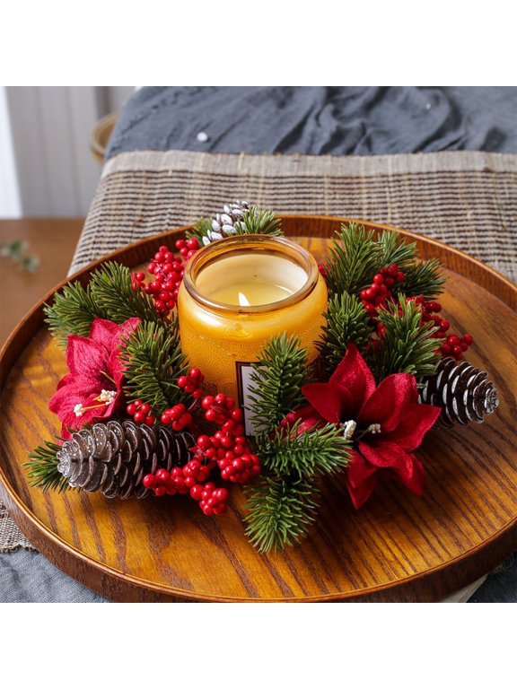 Christmas Candle Ring Wreath Artificial Pine with Red Berries and Pinecones for Holiday Table Centerpiece