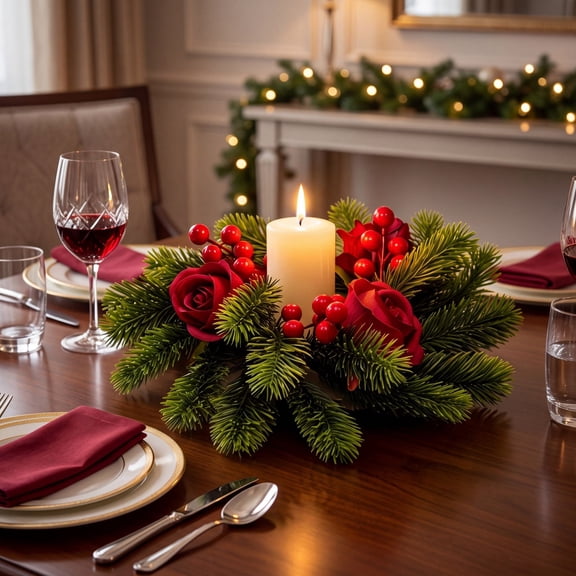 SCNOR Christmas Candle Ring Wreath, Artificial Pine with Red Rose and Berries for Pillar Candles
