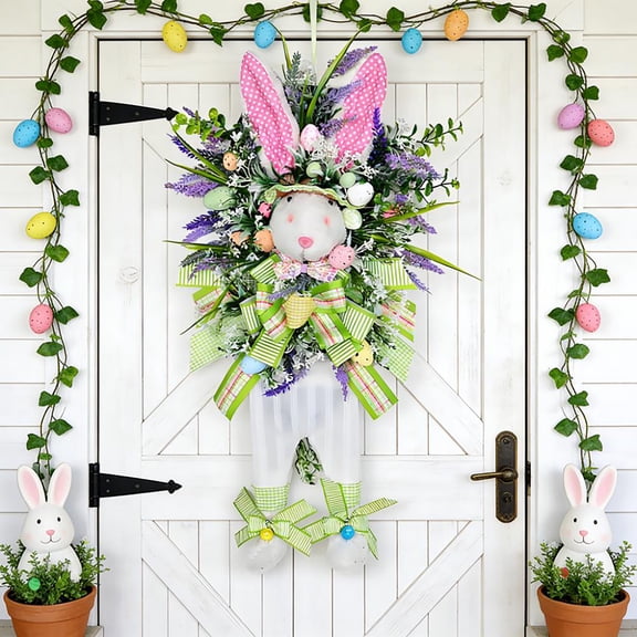 SCNOR Easter Bunny Wreath Vertical Door Hanger with Lavender & Eggs, Plush Bunny Spring Wall Decor for Front Door, Farmhouse Easter Decorations Pastel
