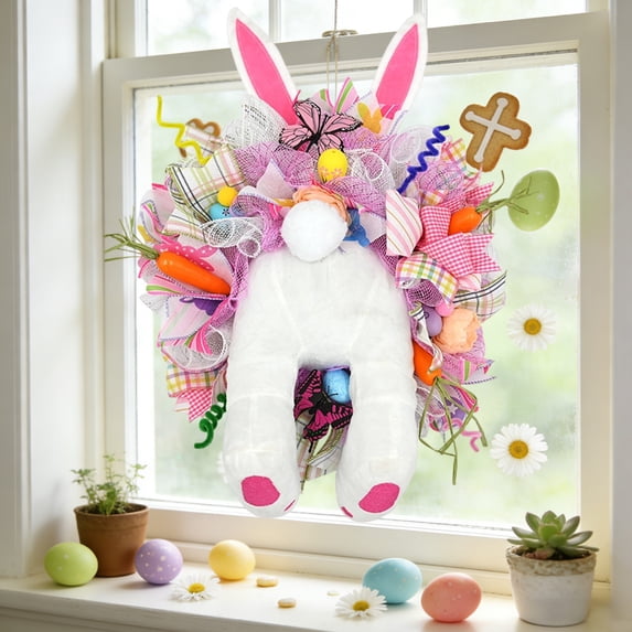 SCNOR Easter Bunny Wreath with Flocked Bunny, Pastel Mesh & Ribbon, Carrots and Eggs Decor for Front Door, Easter Spring Home Decor