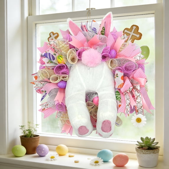 SCNOR Easter Bunny Wreath with Flocked Bunny and Pom Pom Tail, Pastel Gingham Ribbon Decor, Spring Easter Wreath for Front Door Indoor Outdoor