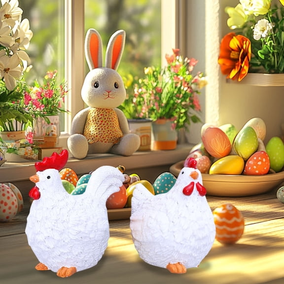 SCNOR Easter Decor Set, Rooster and Hen Figurines White Resin Farmhouse Tabletop Decor for Easter Spring Home Shelf Mantel Gift