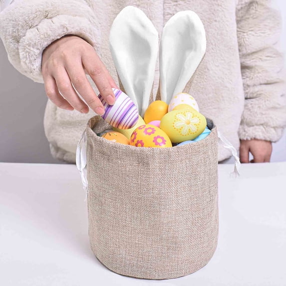 SCNOR Easter Drawstring Gift Bag - Reusable Linen Bunny & Eggs Print Treat Bags for Candy, Party Favors, Ki-ds Easter Gifts (Khaki, 7x7in)