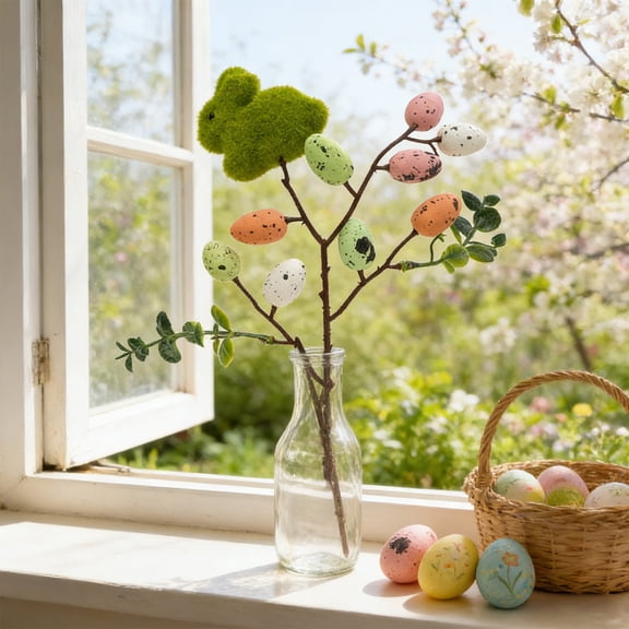 SCNOR Easter Floral Pick with Moss Bunny and Speckled Eggs - Artificial Spring Centerpiece Stem for Home Table Decor