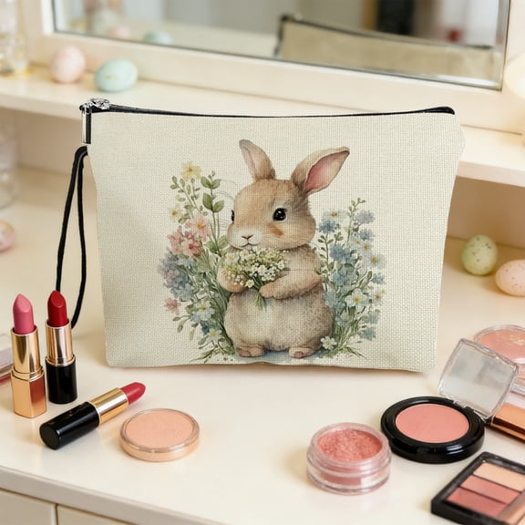 SCNOR Easter Makeup Bag Easter Cosmetic Bag Large Capacity Foldable Easter Bunny Pattern Travel Toiletry Organizer Gift Bag with Anti-Slip Zipper