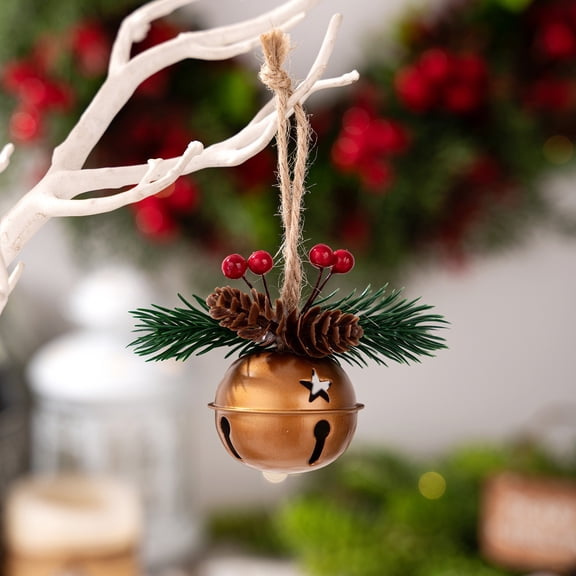 SCNOR Gold Christmas Bell Ornaments, Small Hanging Decor with Star & Pine Cones, Iron Plastic Xmas Tree/Home Holiday Gifts, 5.9in