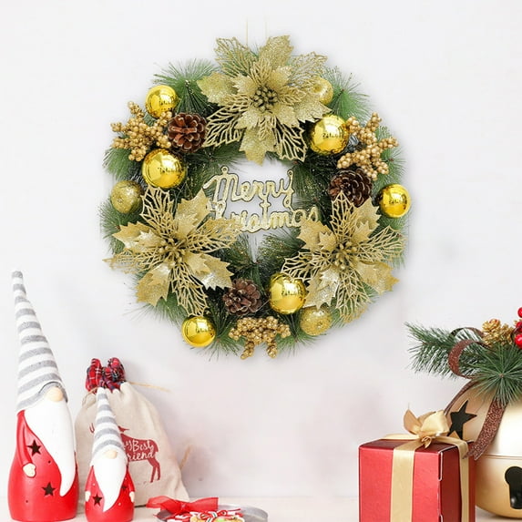 SCNOR Gold Christmas Wreath 13 Inch, Reusable Plastic Xmas Door Hanging Decor, Festive Holiday Front Door Decoration for Indoor Home