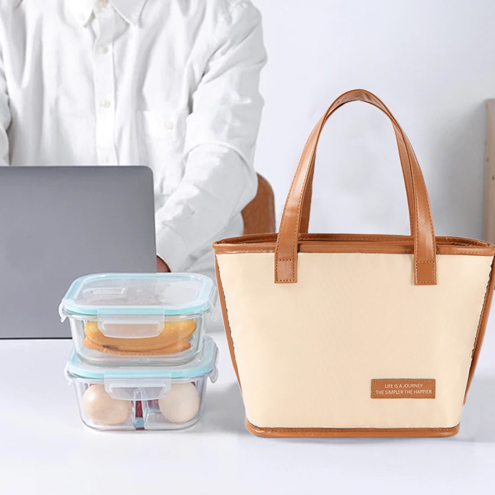 SCNOR Lunch Bag for Women and Men,Insulated Lunch Tote,Stitch Bento Bags,Brown
