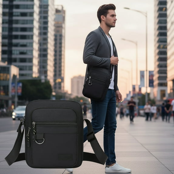 SCNOR Mens Lightweight Crossbody Bag - Water-Repellent Oxford Cloth, Adjustable Strap, Organized Compartments for Commute/Travel/Sports, Classic Black, Dual Carrying Modes