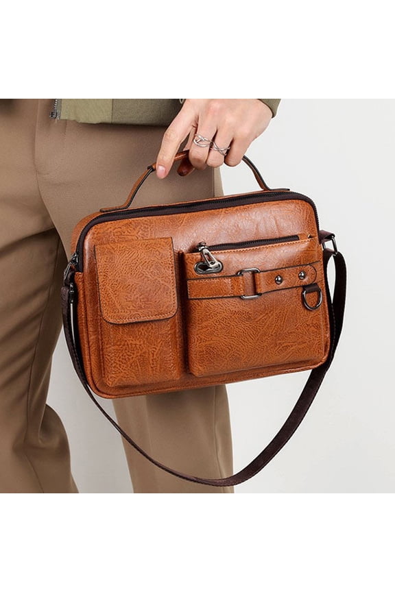 Mens Textured PU Leather Crossbody Messenger Bag - Adjustable Strap, Multi-Pocket, Laptop-Friendly for Business, Casual Travel & Daily Use (Black/Brown/Khaki)