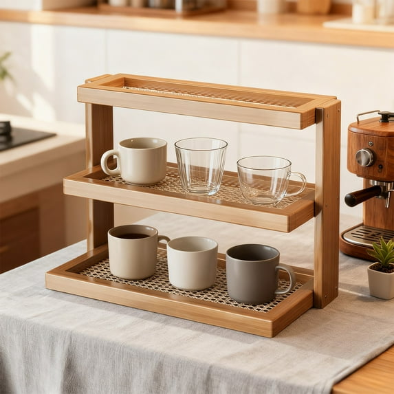 SCNOR Organizing 3 Tier Bamboo Mug & Tea Rack - Natural Wood Slatted Base Storage Organizer for Kitchen Countertop, Coffee Cups/Tea Sets - Decorative Display