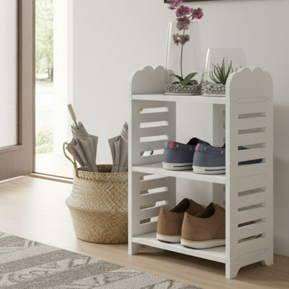 SCNOR Organizing 3 Tier Open Shoe Rack - Space-Saving Waterproof PVC Shoe Organizer, White Modern Design (Plumblossom/Narrow Slat) for Entryway, Bathroom, Small Apartment Hallway