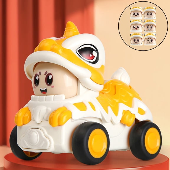 SCNOR Push and Go Inertia Toy Car with Face Changing Lion Dance Stunt, 360 Rotation Vehicle for Toddlers