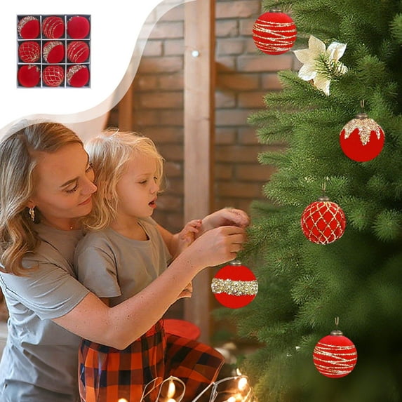 SCNOR Red Flocked Christmas Tree Ornaments, Set of 9 - 3 Inch (8cm) Glitter Plastic Hanging Balls for Holiday Decor