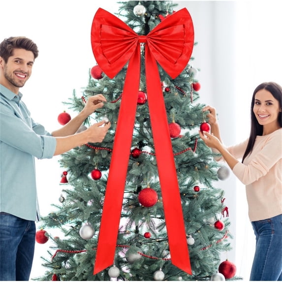 SCNOR Red Satin Christmas Tree Topper Bow - Oversized 180cm with Long Streamers, Extra Large Holiday Decoration