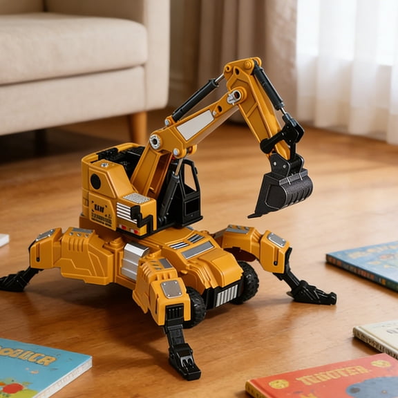 SCNOR Transformable Excavator Toy for Kids, Friction Powered Construction Vehicle with Movable Boom, Yellow