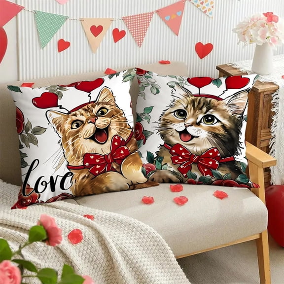 SCNOR Valentine's Day 18x18 Linen Pillow Cover - Cute Cat Heart Rose Theme with Hidden Zipper (Insert Not Included)