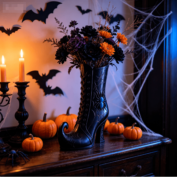 SCNOR Witch Boot Shaped Vase, Gothic Halloween Table Centerpiece, Matte Black Decorative Vessel for Artificial Flowers