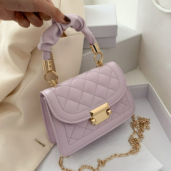 SCNOR Womens Vegan Leather Quilted Crossbody Bag - Dual-Carry with Detachable Chain & Top Handle, Lightweight Compact, Black/Lavender