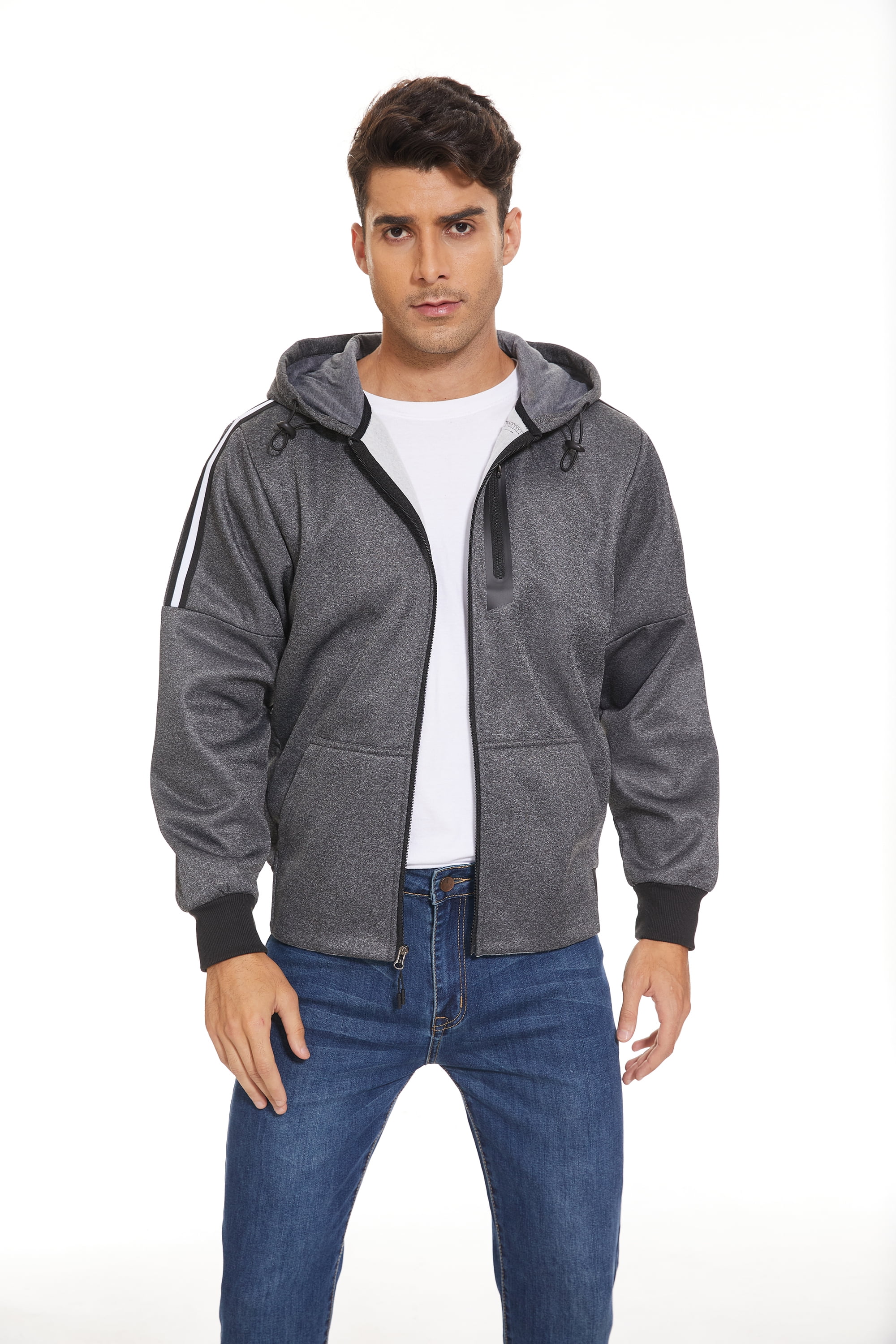 Dark Gray Zip Up Hoodie Men'S And Winter Loose Casual Fleece Thickened  Hooded Sweatshirt Jacket 