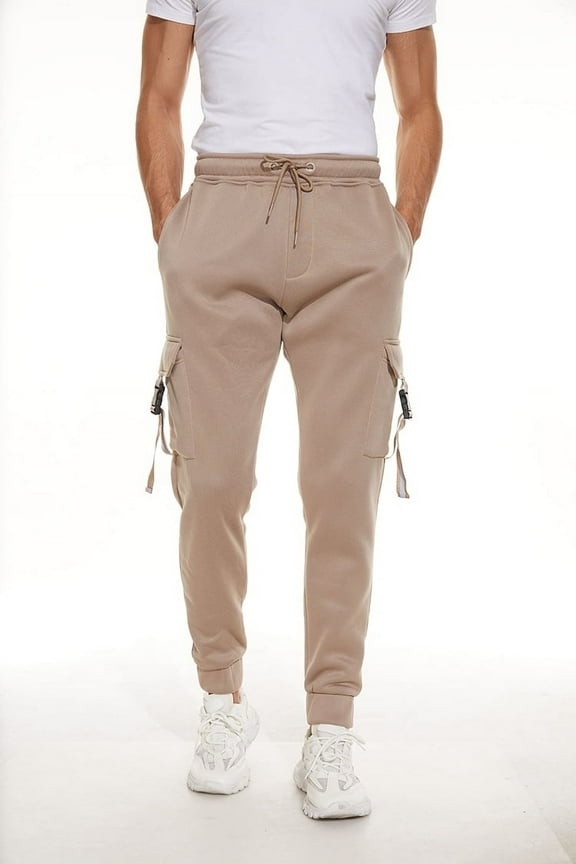 Men's Fleece Winter Pants Sherpa Lined Active Joggers Sweatpants Drawstring Zipper Pockets Elastic Khaki 3XL