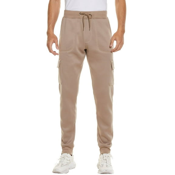 Geeksport Men's Fleece Winter Pants Sherpa Lined Active Joggers Sweatpants Drawstring Zipper Pockets Elastic khaki 2XL