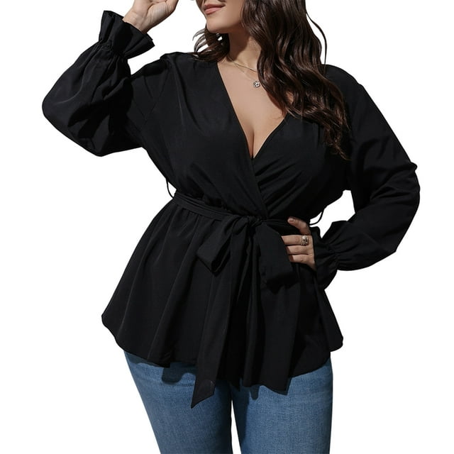SCOMCHIC Female Plus Size Blouses Puff Sleeve Belted Wrap Peplum Tops ...