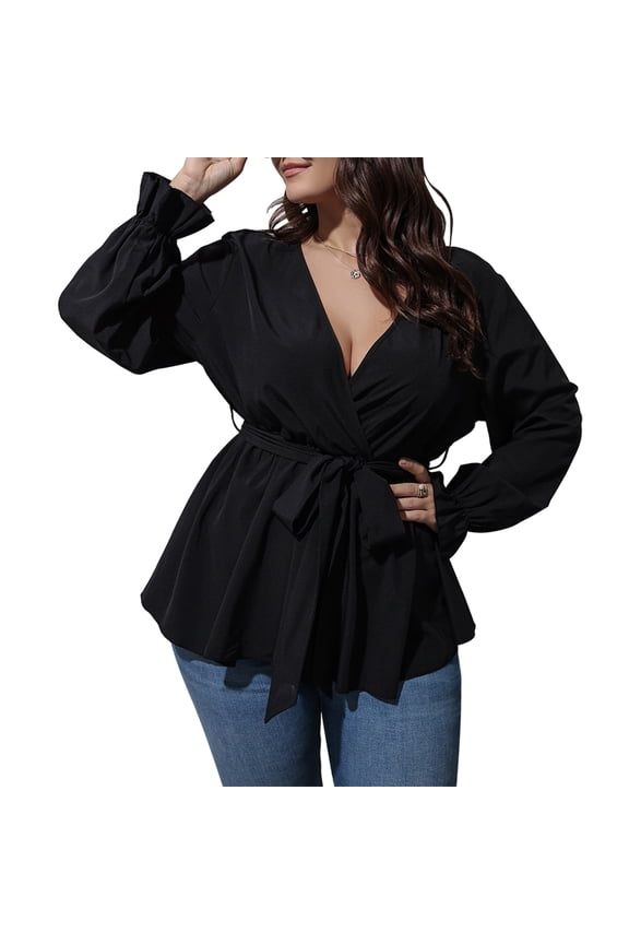 Female Plus Size Blouses Puff Sleeve Belted Wrap Peplum Tops Dressy Shirts XL
