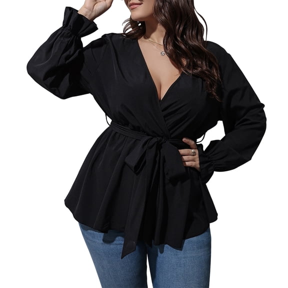 SCOMCHIC Female Plus Size Blouses Puff Sleeve Belted Wrap Peplum Tops Dressy Shirts XL