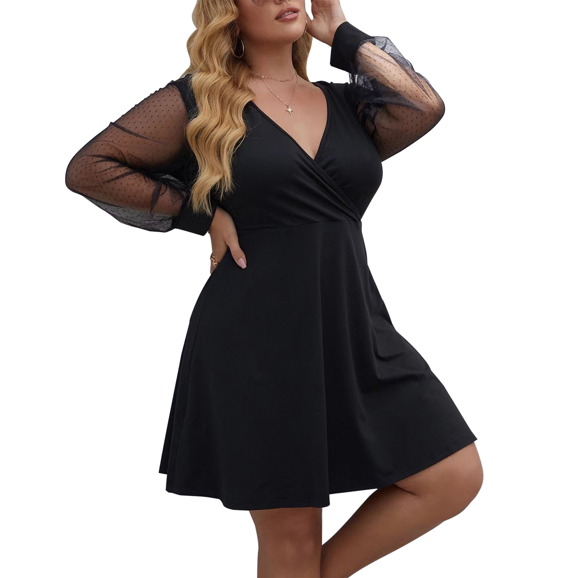 SCOMCHIC Female Plus Size Deep V-Neck Sexy Long Sleeve Black Dress for Party  Prom L 