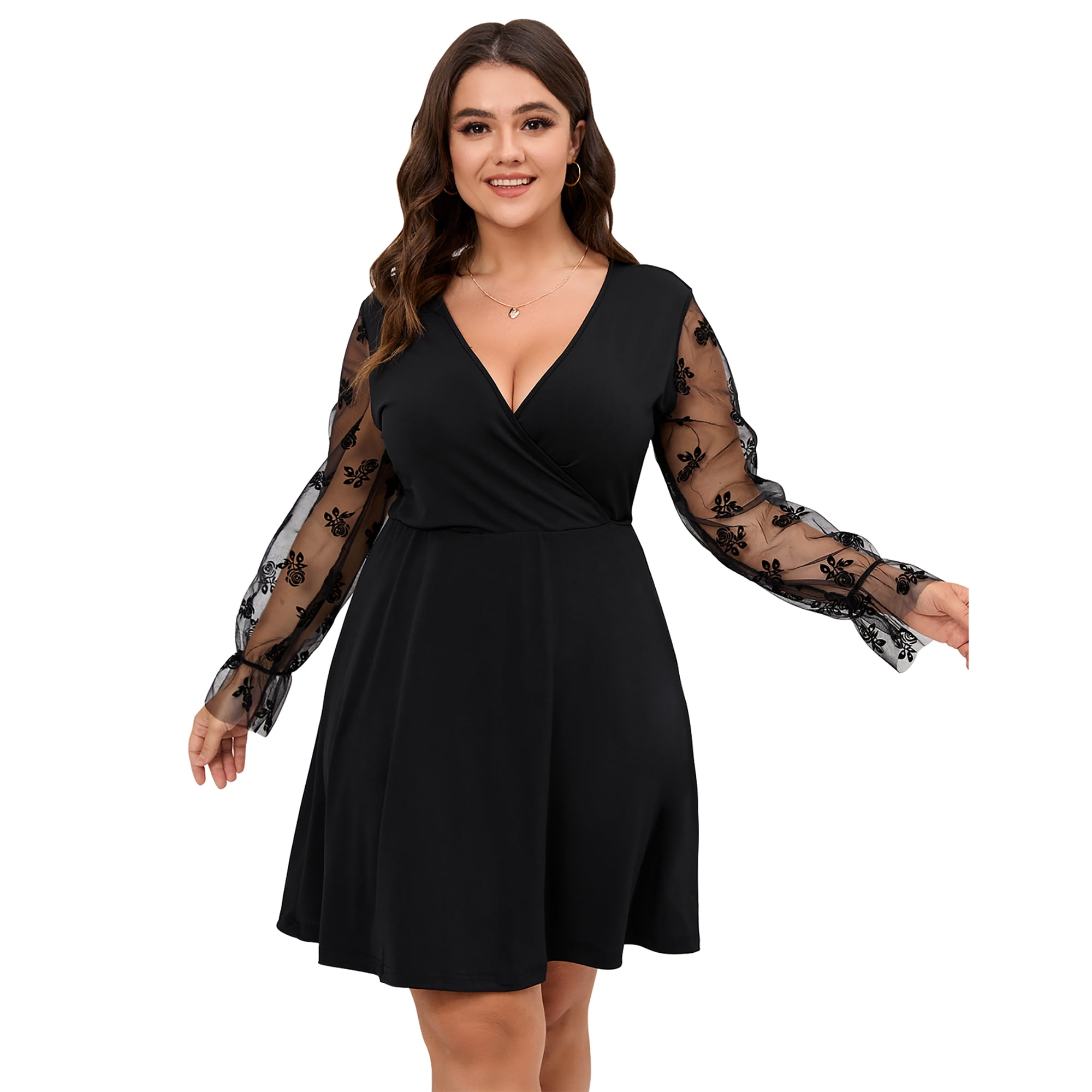 SCOMCHIC Female Plus Size Deep V-Neck Sexy Long Sleeve Black Dress for  Party Prom 4XL 