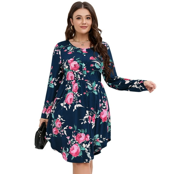 SCOMCHIC Plus Size Dress for Women Casual Long Sleeve Scoop Neck Front Button Swing Midi Tunic Navy Blue Dress 2XL