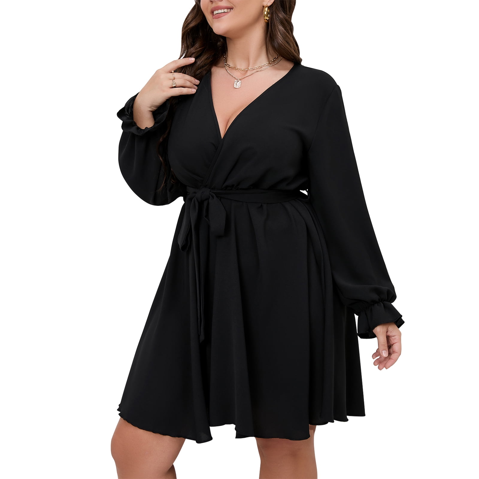 V Neck Short Sleeve Wrap Dress Black