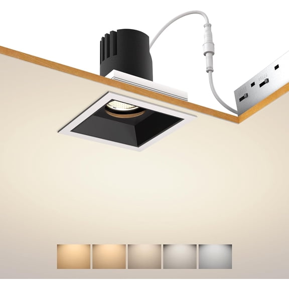 SCON 12W LED Recessed Trim Dimmable Square Spotlight,Rotation and Adjustable Downlight,2700K-6000K Switchable Canless Recessed Light,with UL Certified Driver (Black/24°/CRI97/TRAIC)