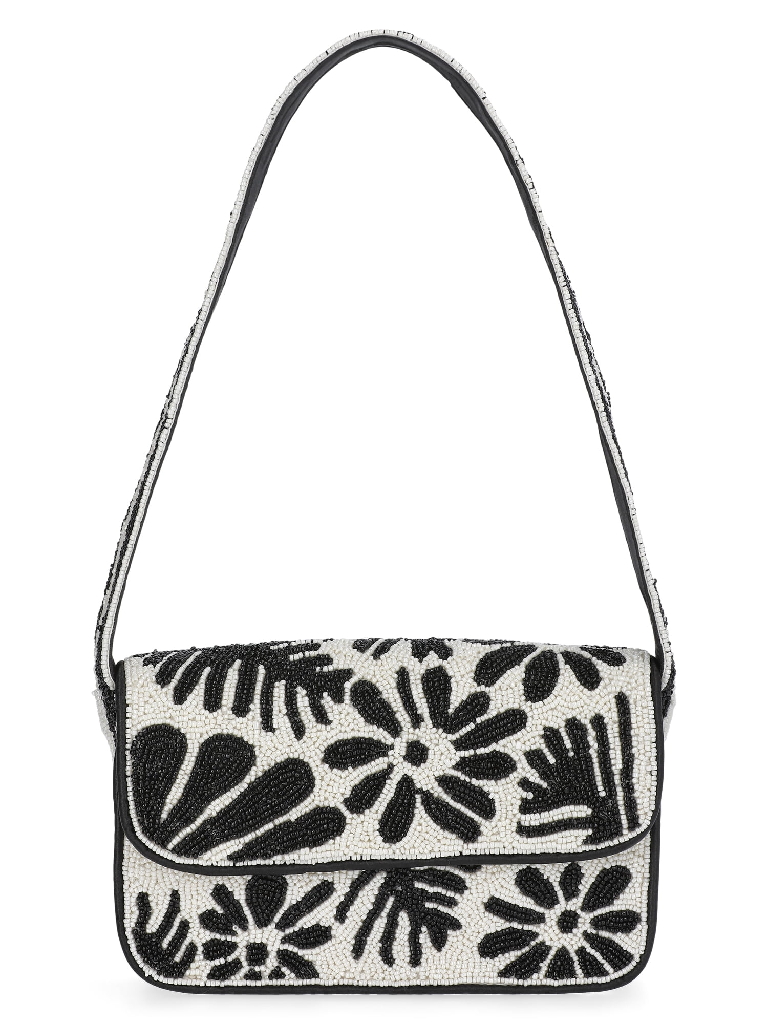 Scoop Women's Beaded Flap Shoulder Bag, Black/White